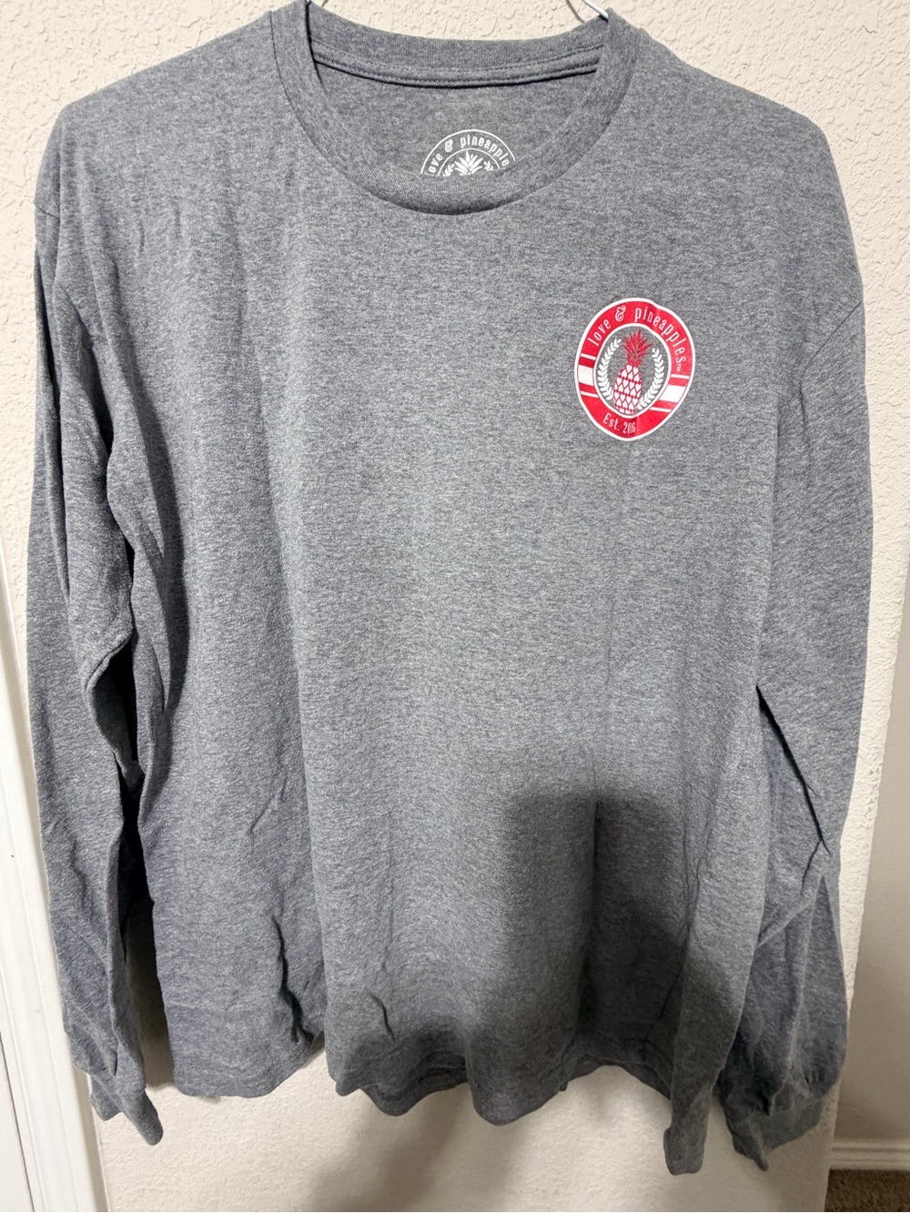 Women’s Gray Long Sleeve Tee with Red Pineapple Chest Logo